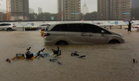 (miniature) Un véhicule dans une rue inondée de Zhengzhou