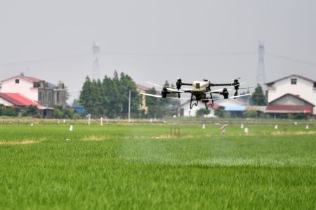 (miniature) Un drone de traitement phytosanitaire travaille sur une base de plantation intelligente