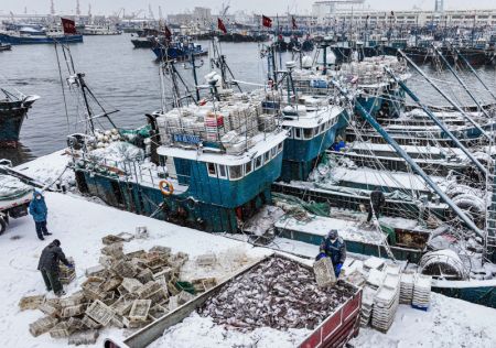 (miniature) Des bateaux recouverts de neige dans le port de pêche de Shidao