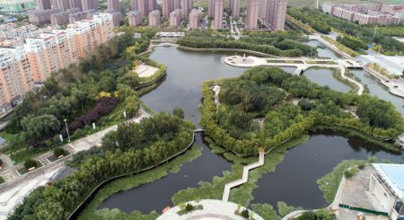 (miniature) La photo aérienne prise le 10 octobre 2021 montre le paysage du parc Wenxinghu dans la ville de Huanghua