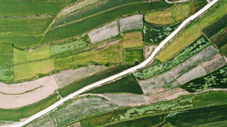 (miniature) Photo aérienne montrant les champs en terrasse de Majiayuan dans le district autonome Hui de Zhangajiachuan à Tianshui