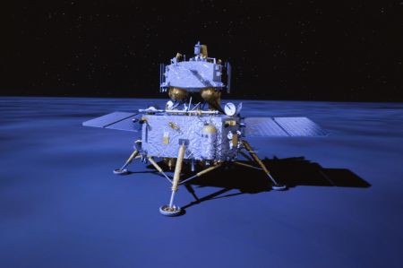 (miniature) Image de l'animation vidéo au Centre de contrôle aérospatial de Beijing de l'ensemble atterrisseur-ascenseur de la sonde Chang'e-6 atterrissant sur la face cachée de la Lune