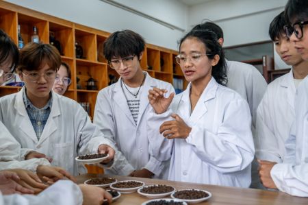 (miniature) Une enseignante donne un cours sur le café à la faculté des cultures tropicales de l'Université agricole du Yunnan