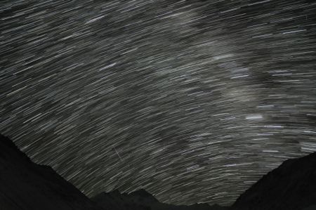 (miniature) Photo composite de trainées d'étoiles au-dessus du camp de base du mont Qomolangma