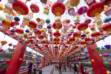 (miniature) Des habitants contemplent des lanternes avant la fête du Printemps sur la place Nanfeng de la ville de Yuncheng