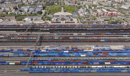 (miniature) Vue aérienne montrant des trains de fret en attente de départ au col d'Alataw