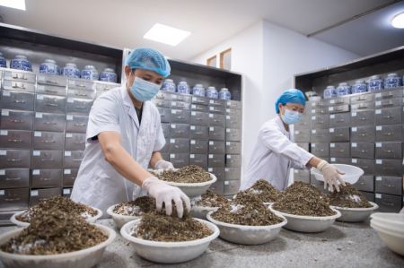 (miniature) Des pharmaciens préparent de la médecine traditionnelle chinoise (MTC) dans un hôpital de MTC à Zhangjiajie