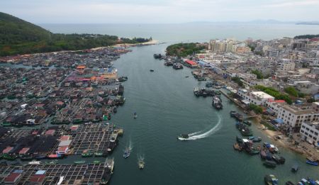 (miniature) Photo aérienne montrant des bateaux de pêche rentrant au port de Xincun dans le district autonome Li de Lingshui