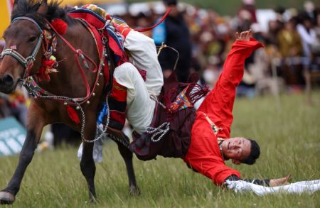 (miniature) Un homme participe à une compétition de ramassage de l'écharpe hada à cheval dans les prairies du district de Baiyu de la préfecture autonome tibétaine de Garze