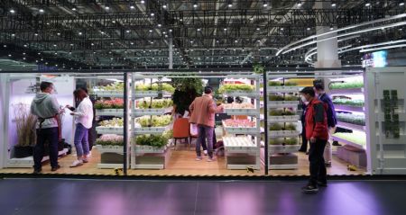 (miniature) Des visiteurs observent des l&eacute;gumes poussant sur des &eacute;tag&egrave;res dans la zone des produits alimentaires et agricoles