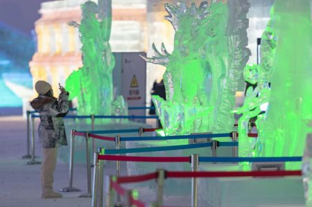 (miniature) Une touriste prend des photos de sculptures sur glace dans le parc thématique du Monde de glace et de neige de Harbin