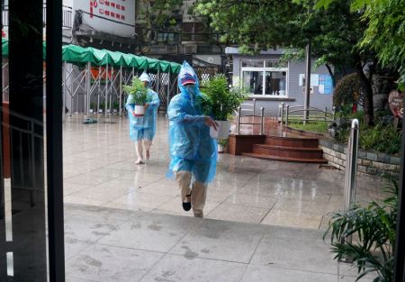 (miniature) Des employés transportent des plantes à l'intérieur d'une école primaire dans l'arrondissement de Huangpu