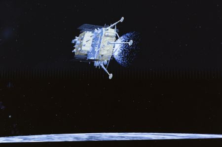 (miniature) Image de l'animation vidéo au Centre de contrôle aérospatial de Beijing de l'ensemble atterrisseur-ascenseur de la sonde Chang'e-6 avant d'atterrir sur la face cachée de la Lune