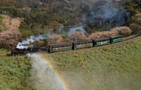 (miniature) Un arc-en-ciel apparaît sous la vapeur d'un train à vapeur passant par la gare de Liangshuituo