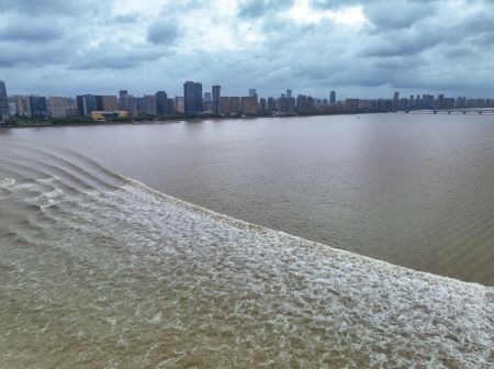 (miniature) Photo aérienne de vagues causées par le mascaret du fleuve Qiantang