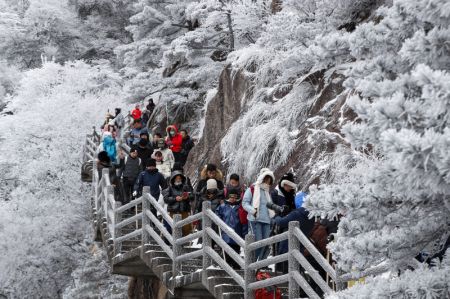 (miniature) Des touristes profitent du paysage enneigé du site pittoresque du mont Huangshan