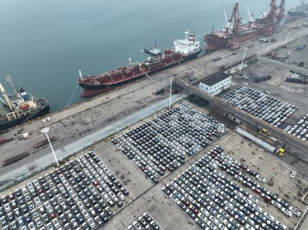 (miniature) Photo aérienne de véhicules en attente d'être exportés dans un port de Lianyungang