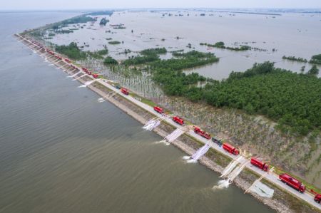 (miniature) Photo aérienne des secouristes en train de pomper les eaux de crue du lac Dongting dans le bourg de Tuanzhou