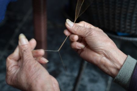 (miniature) Une brodeuse de l'ethnie Shui fabrique des fils de couture pour la broderie traditionnelle en fils de queue de cheval avec des fibres de queue de cheval et des fils de soie dans la communaut&eacute; de relogement Xuehuahu du bourg de Zhonghe