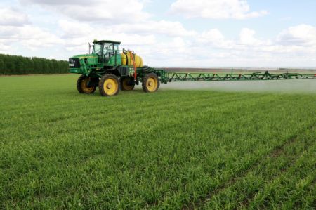 (miniature) Photo prise le 27 mai 2021 montrant un pulv&eacute;risateur automoteur en action sur une ferme &agrave; Heihe